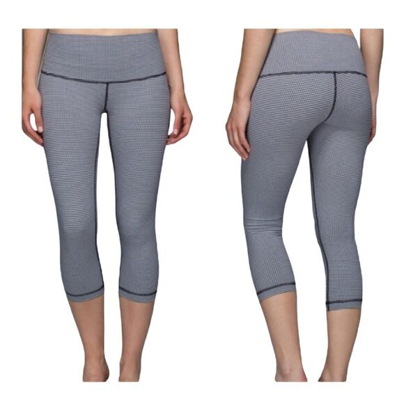 NEW Lululemon Wunder Under Crop Leggings Blue White Plaid High Waist 6 - Picture 1 of 7
